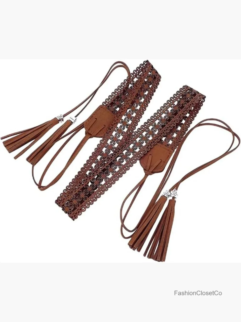 PU Leather Boho Braided Tassel Belt Vintage Hollow Knotted Waistband